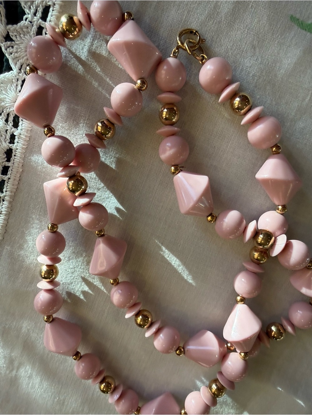 Vintage Pink Lucite Beaded Necklace with Gold Accents - Picture 6 of 8